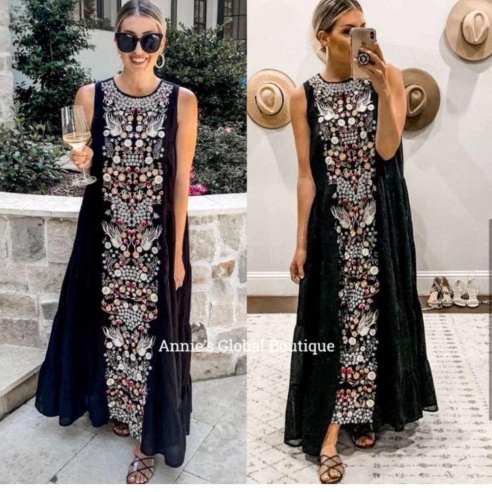 Anthropologie Jacaranda Black Maxi Dress Embroidered Size 10 by Samant Chauhand